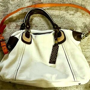 OrYany white & brown leather satchel, orange strap. Footed bottom. CLEAN & NICE!